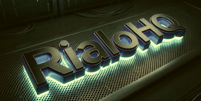 A 3D rendering of the illuminated "Rialto" logo in black letters with blue underlighting on a metallic perforated surface.