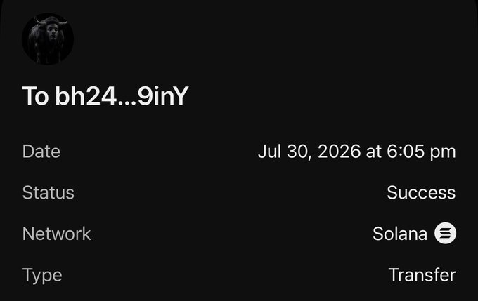 A screenshot of a successful Solana transfer confirmation showing 0.9inY received from bh24... on Jul 30, 2026, corresponding to the "$ANSEM" airdrop mentioned in the post.