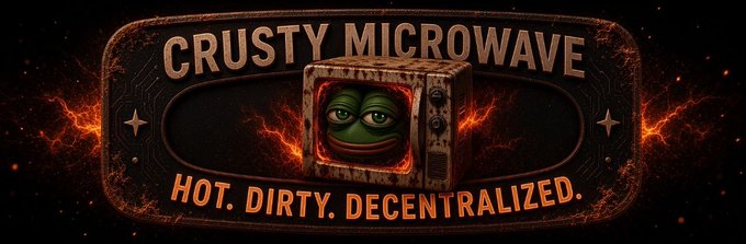 A banner graphic for 'Crusty Microwave' featuring a Pepe the Frog character inside a microwave oven, with the tagline 'HOT. DIRTY. DECENTRALIZED.' on a dark, fiery background.