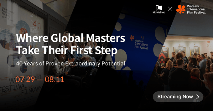 Promotional banner for the Warsaw International Film Festival collaboration with Mubi, displaying text 'Where Global Masters Take Their First Step - 40 Years of Proven Extraordinary Potential' and dates '07.29 — 08.11' with a 'Streaming Now' button.