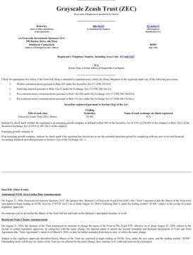 This appears to be a letter from Grayscale to Zcash (ZEC) shareholders regarding the Registered's Withdrawal Application, Withdrawal from OTC Trust, and the proposed Continuation Election. The document relates to the accompanying post by suggesting Grayscale's significant role ("daddy") in ZEC's market structure, with the letter likely addressing regulatory or fund-related changes affecting ZEC holders.