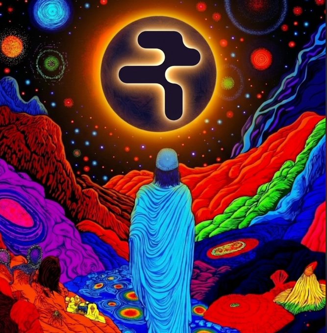 A vivid psychedelic digital artwork showing a robed figure gazing at a glowing solar eclipse-like orb with a cross symbol, surrounded by colorful cosmic patterns, mountains, and abstract figures.