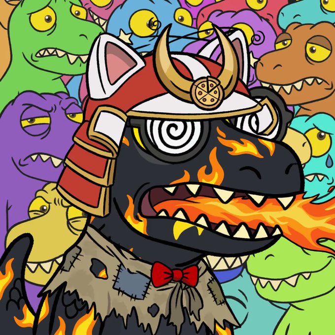 A cartoon-style illustration of a black dinosaur wearing a samurai helmet with horns and a tattered cape, breathing fire, surrounded by colorful cartoon monsters.