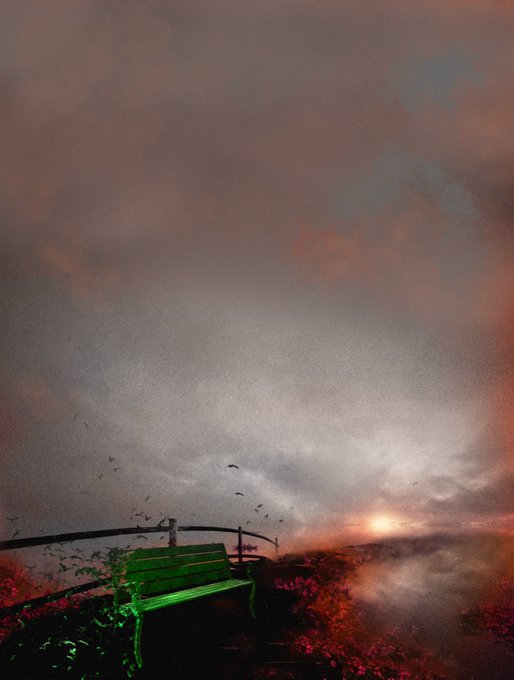 A solitary green bench overlooks a dramatic seascape at sunset, with fiery clouds streaking the sky and birds flying into the horizon. The image pairs with "Gm" to evoke a serene, hopeful morning greeting, as if inviting the viewer to pause and reflect on the beauty of a new day.