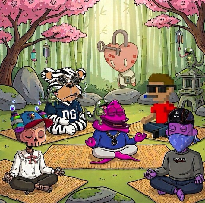An illustration shows various cartoon characters, including a bear in a "DG" hoodie, a figure with a pink shell head, and a pixelated character, meditating in a bamboo forest with a dinosaur.