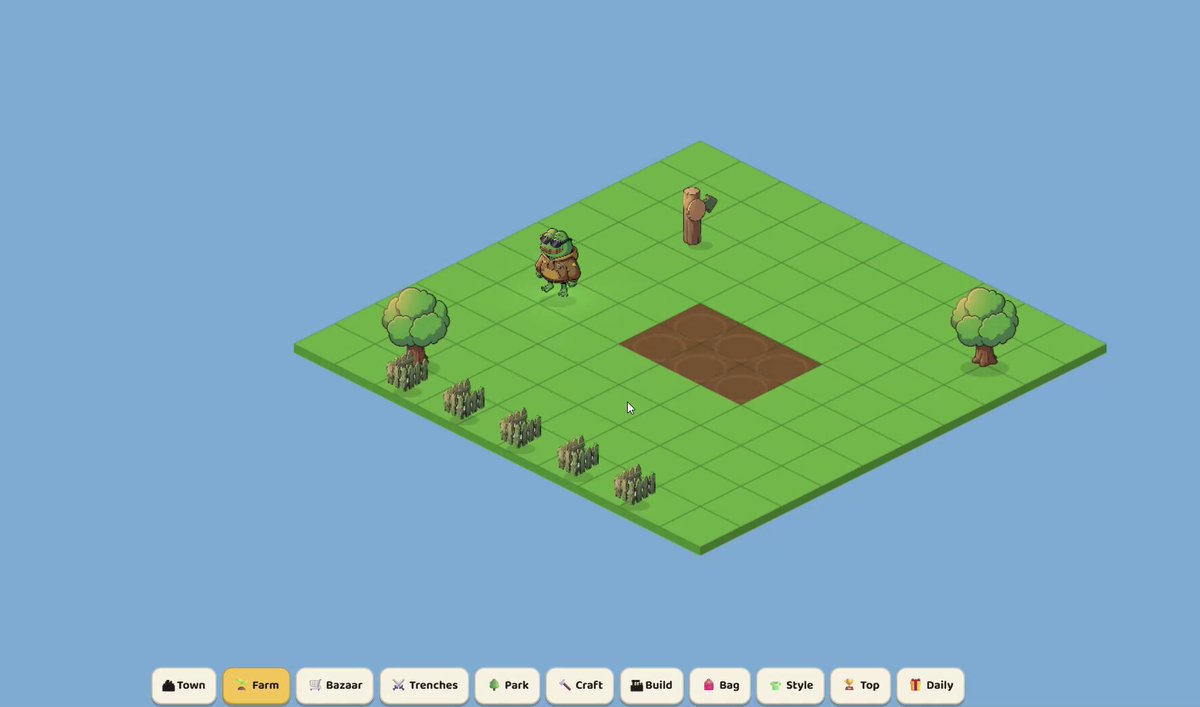 The image features a computer screen displaying an open game window with a grid-like layout, possibly a map or a game board. In this game, there are several characters, including a person standing near a tree, another person walking on a path, and a third person holding a stick. The background of the image is blue, which contrasts nicely with the brown color of the screen. The text "it' s fun to farm in frens" can be seen at the bottom right corner of the image.
