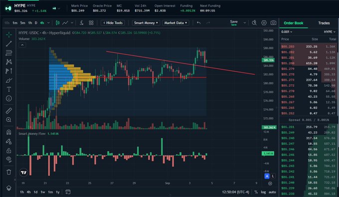 A cryptocurrency trading chart displaying HYPE/USDC on Hyperliquid, with a 4-hour candlestick view showing price action around $85.246, accompanied by order book data and Smart Money flow indicators.