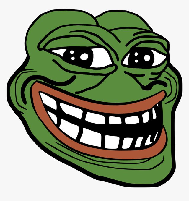 A cartoon-style illustration of a green frog face with a wide, toothy grin and large expressive eyes, rendered in a classic internet meme aesthetic.