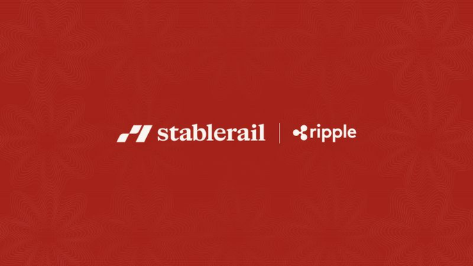 The image features a red background with subtle topographic line patterns, displaying the "stablerail" and "ripple" logos side by side in white, separated by a vertical divider—visually announcing Stablerail's launch on Ripple's payment network as referenced in the post.