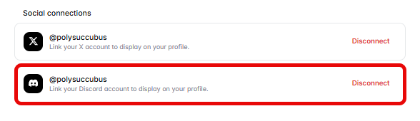 Social connections settings panel showing options to link an X (Twitter) account and a Discord account for @polysuccubus, with the Discord option highlighted in red.