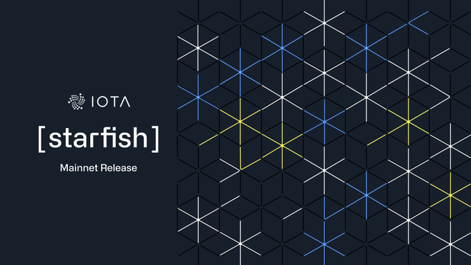 A promotional banner for the IOTA [starfish] Mainnet Release, featuring a geometric cube pattern in blue, white, and yellow.