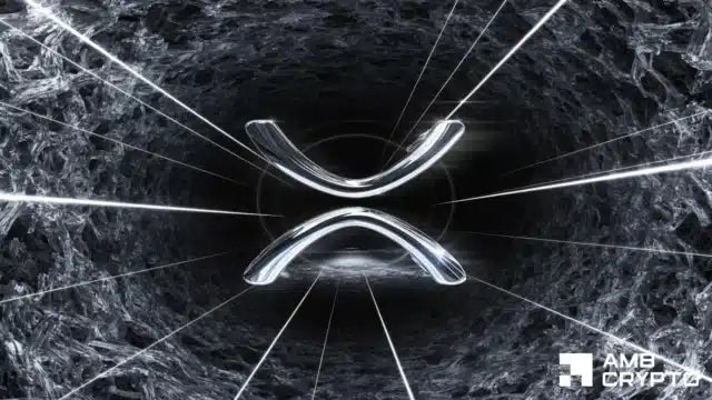 A dark, stylized XRP (Ripple) logo with glowing light rays emanating from a central tunnel-like background, with 'AMB Crypto' watermark in the bottom right.