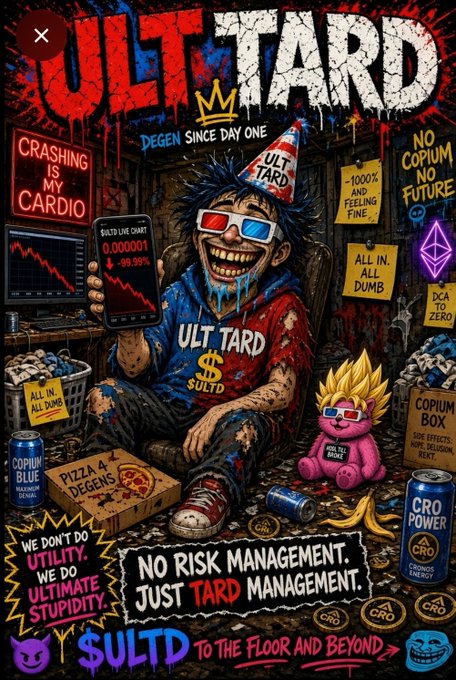 A chaotic, meme-style digital illustration titled 'ULT TARD' depicts a deranged character in 'ULT TARD' and '$ULTD' merchandise surrounded by falling charts and phrases like 'NO RISK MANAGEMENT. JUST TARD MANAGEMENT.', 'CRASHING IS MY CARDIO', and 'ALL IN. ALL DUMB'.