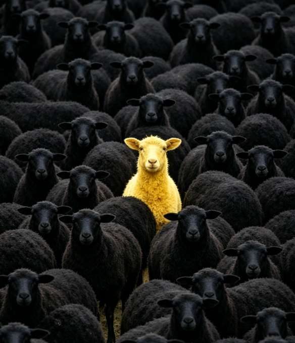 A striking surreal image of a single bright yellow sheep standing out among a dense flock of black sheep.