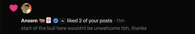 Instagram notification screenshot showing that user 'Ansem' liked 2 of the viewer's posts, with a caption asking for the start of a bull market.