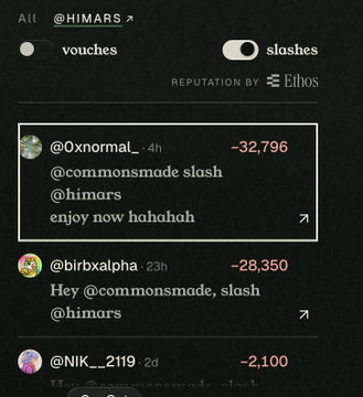 A screenshot of the @HIMARS Ethos reputation profile shows several vouches from users like @0xnormal, @birbxalpha (-28,350), and @NIK___2119 (-2,100), with messages tagging @commonsmade to "slash @himars" — reflecting the community-driven reputation hits mentioned in the post about the account being nuked down the rankings.
