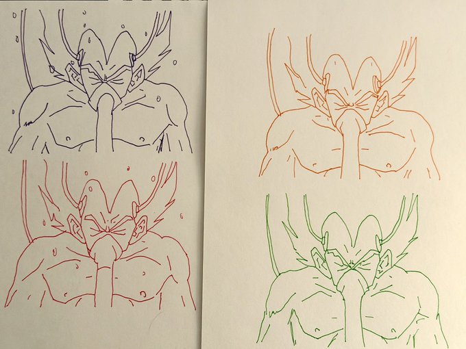 Four ink sketch iterations in blue, orange, red, and green of a muscular anime character holding his nose, appearing as work-in-progress drawings on paper.