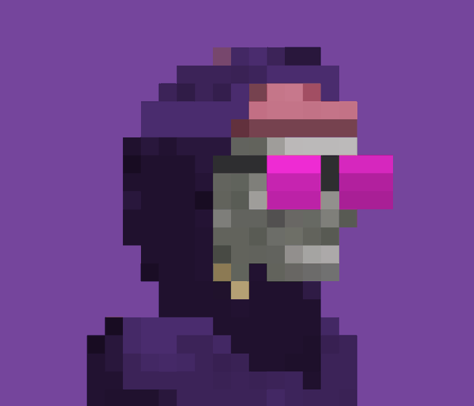 A pixel art illustration of a hooded character with a red headband and glowing pink visor against a purple background.