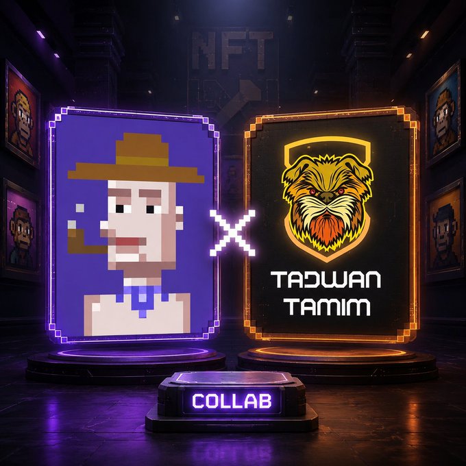An NFT collaboration graphic featuring a pixel art farmer character alongside a 'Tadjwan Tamim' logo with a stylized lion, marked 'COLLAB'.