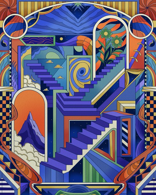A vibrant psychedelic illustration featuring intricate geometric stairs, arches, flowers, and mountains in blue, orange, and purple tones.