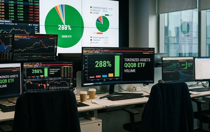 A trading workstation setup with multiple monitors displaying financial charts, pie charts showing '288%', 'TOKENIZED ASSETS', 'QQQB ETF', and 'VOLUME' data in a modern office environment.