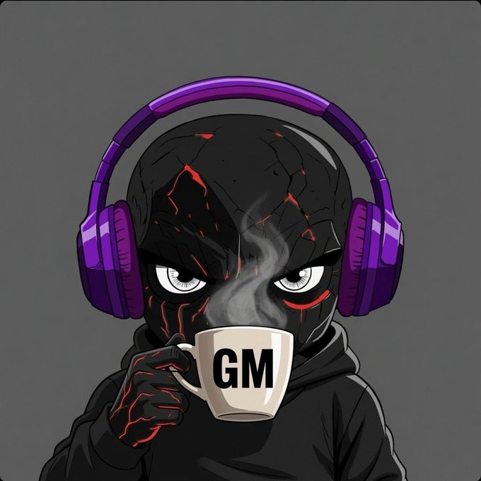 An illustrated character in a black hooded outfit with red glowing cracks wears purple headphones and drinks from a white mug labeled 'GM'.