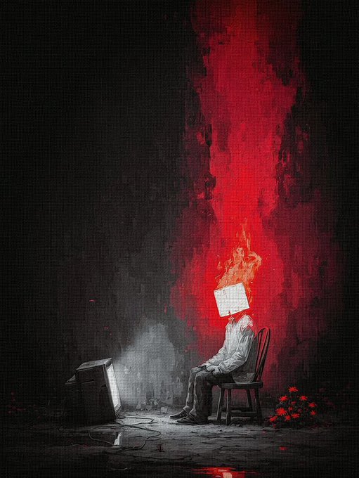 A dark surreal illustration showing a person sitting on a chair with a computer monitor for a head, flames erupting from the top of the monitor, and a vertical red glow illuminating the background.