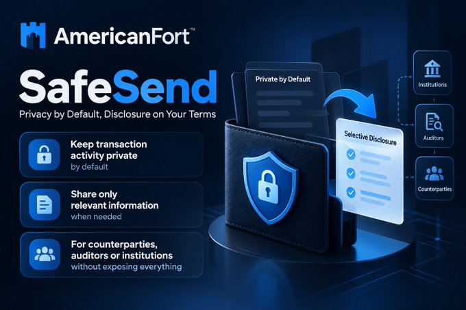 A promotional graphic for 'AmericanFort' advertises their 'SafeSend' feature, highlighting 'Privacy by Default, Disclosure on Your Terms' with bullet points about keeping transaction activity private, sharing only relevant information, and selective disclosure for counterparties, auditors, or institutions.