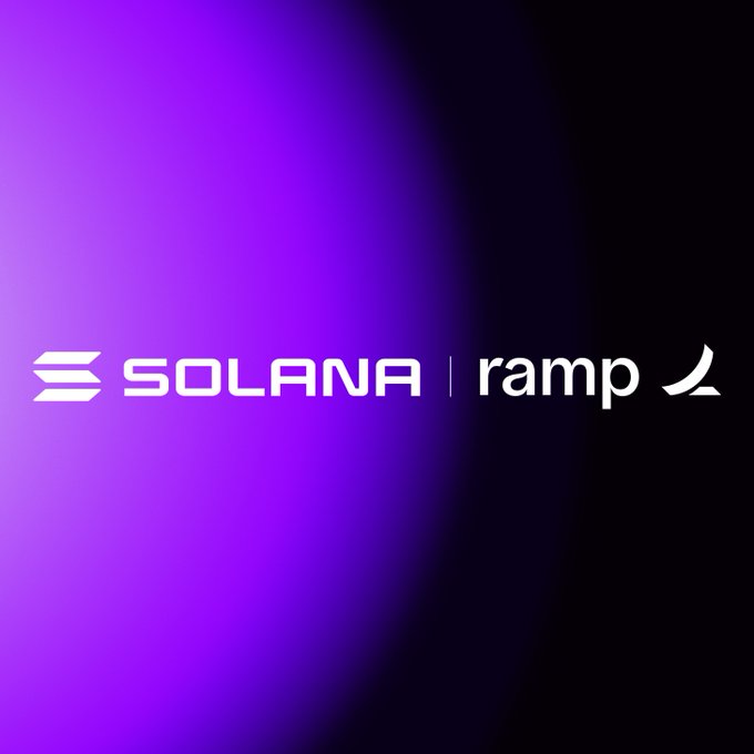 A purple and black graphic displaying the logos for Solana and Ramp side by side.