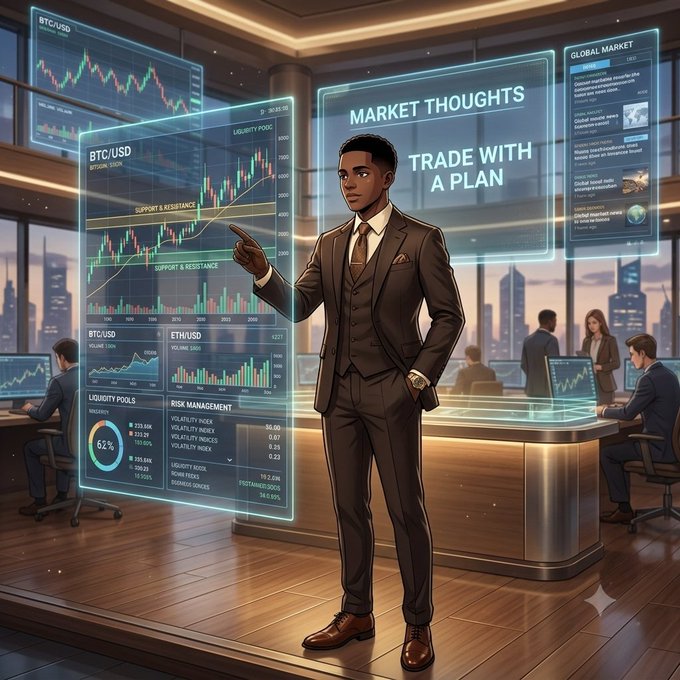 An illustrated trader in a suit points to a holographic BTC/USD chart in a modern financial office, with displays reading “MARKET THOUGHTS” and “TRADE WITH A PLAN.”