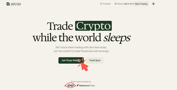 The image shows the Arcus website homepage with a headline reading "Trade Crypto while the world sleeps," promoting 24/7 stock trading with zero fees. A red arrow cursor points to the "Join Perps Waitlist" button, which ties to the post's call-to-action inviting users to join Arcus's perpetual futures waitlist, built in partnership by dYdX and Robinhood Chain.