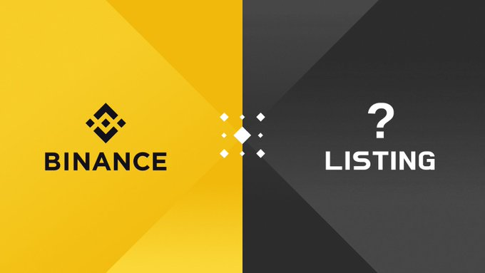 The image shows a split design with the Binance logo and name on a yellow background on the left, and a question mark above the word "LISTING" on a dark background on the right, visually posing the question of which cryptocurrency Binance will list next.

Text visible: "BINANCE," "LISTING," "?"