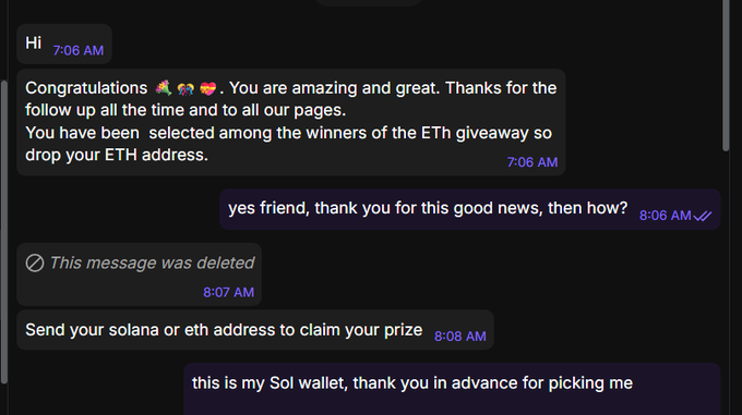 A messaging app conversation showing a classic crypto scam where someone claims the user won an ETH giveaway and asks for their wallet address, with the user complying by sending their Solana wallet info.