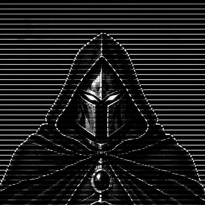 A high-contrast black-and-white illustration depicts a hooded, masked figure in a pointed cloak, set against horizontal scan lines. The cryptic post frames the figure as “Sector 304: NODE IX” and asks whether the viewer recognizes the transmitted signal, reinforcing the image’s mysterious transmission theme.