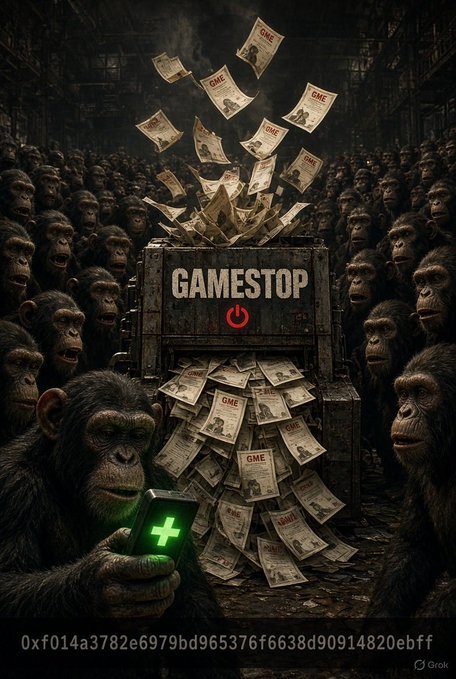 A dark, surreal illustration shows a crowd of monkeys surrounding a 'GAMESTOP' power button, with dollar bills marked 'GME' erupting from it, while a monkey in the foreground holds a smartphone displaying a green '+' symbol.