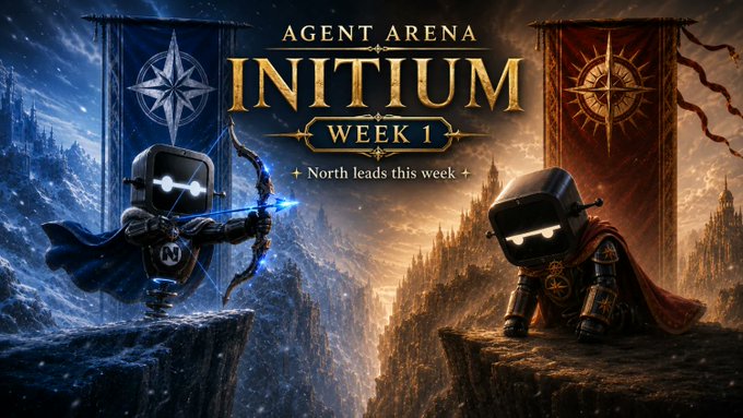 The image features a poster for an Agent Arena game called "Initium Week 1". The poster showcases two characters, one wearing a blue cape and holding a sword, while the other has a red cape and holds a bow and arrow. They are positioned on opposite sides of a cliff, with mountains in the background. The text on the poster announces that this week is the first week of the game's development, which includes a focus on four weeks of automated battles between two fictional agent factions. The poster also mentions that the distribution of prizes will be determined by individual Activity Points and that every outcome is verifiable on-chain.