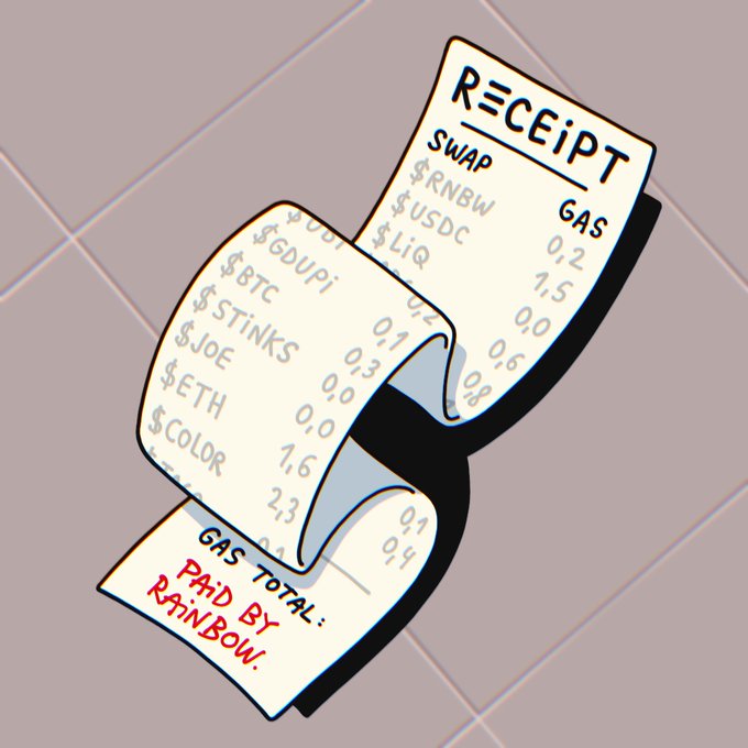 An illustrated receipt graphic showing various crypto token swaps with gas amounts, featuring handwritten red text reading 'PAID BY RAINBOW.' at the bottom.