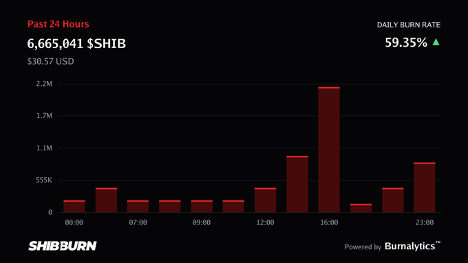 A "SHIBBURN" bar chart showing a "Past 24 Hours" burn of 6,665,041 $SHIB ($30.57 USD) with a daily burn rate of 59.35%, powered by Burnalytics.