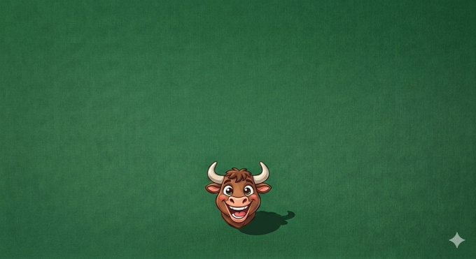 A cartoon illustration of a brown bull head with white horns and a wide smile, centered on a textured dark green background.
