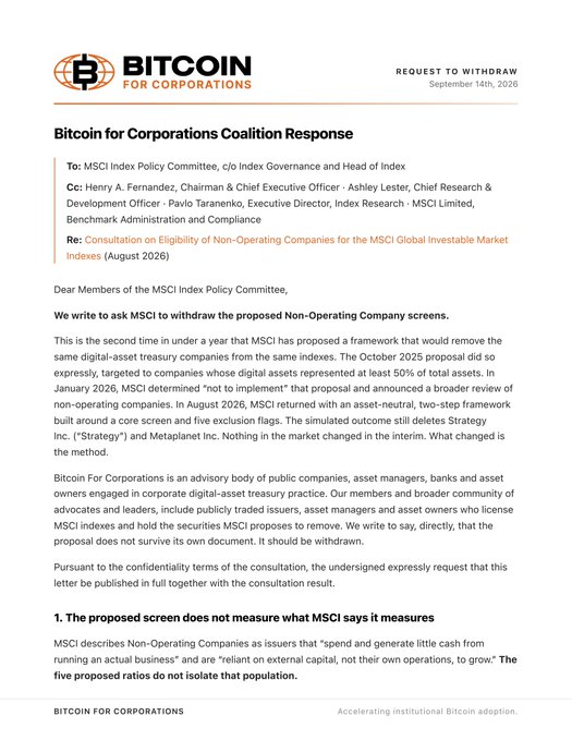 A formal letter from 'Bitcoin for Corporations Coalition' dated September 14th, 2026, addressed to the MSCI Index Policy Committee, requesting withdrawal of proposed Non-Operating Company screens, signed by representatives including Henry A. Fernandez, Pablo Taranenko, and Index Research.