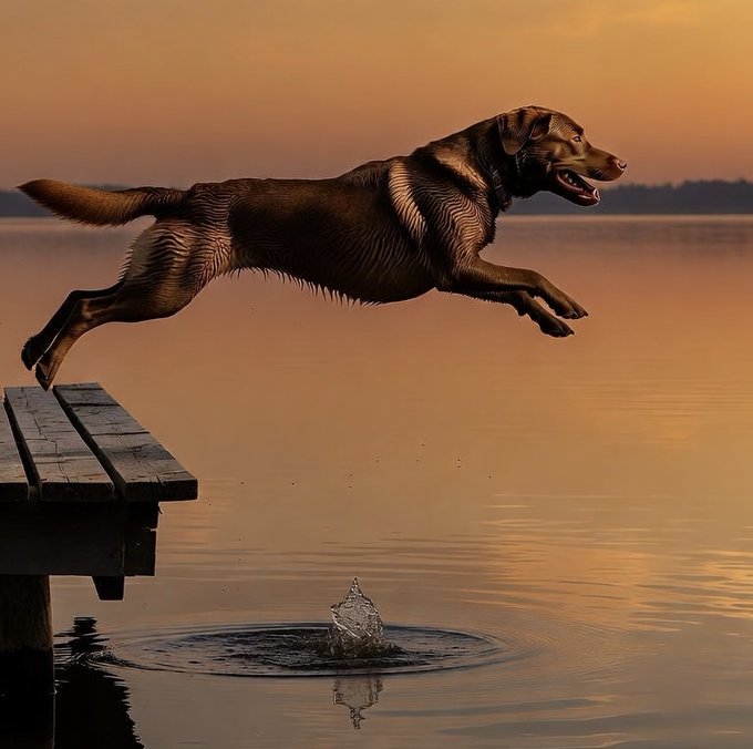 A chocolate Labrador leaping off a wooden dock into calm water at sunset, with a water droplet splash below.