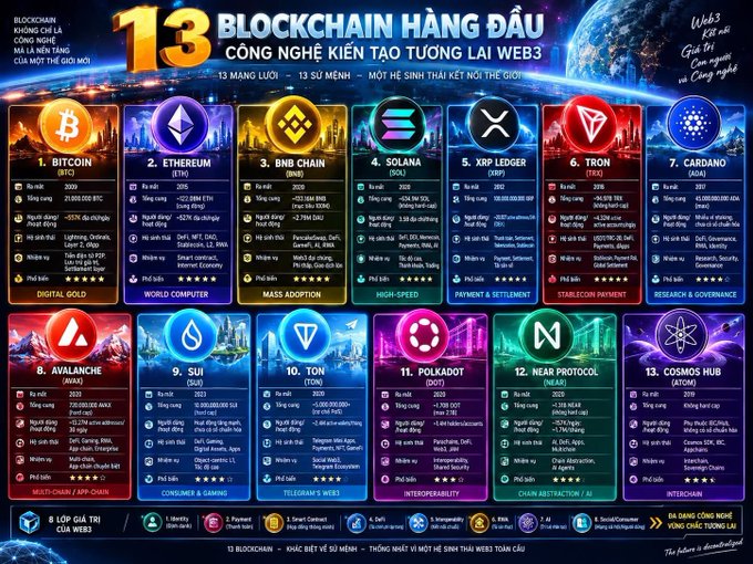 An infographic titled "13 Blockchain Hàng Đầu – Công Nghệ Kiến Tạo Tương Lai Web3" showcases 13 leading blockchain networks including Bitcoin (BTC), Ethereum (ETH), BNB Chain, Solana (SOL), XRP Ledger, Tron (TRX), Cardano (ADA), Avalanche (AVM), Sui, Ton (TON), Polkadot, Near Protocol, and Cosmos Hub, each with founding year, supply statistics, and key features. The image visually complements the post by illustrating the diverse blockchain ecosystem, highlighting networks spanning categories like Digital Gold, World Computer, Mass Adoption, and Cross-Chain Interoperability that form today's decentralized financial infrastructure.