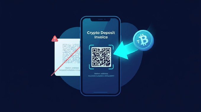 A digital illustration showing a smartphone displaying a 'Crypto Deposit Invoice' with a QR code and wallet address 0x2a2a2OnxRBnm1B2Gde8919, alongside a crossed-out paper invoice and a glowing Bitcoin coin with a cyan arrow indicating crypto payment.