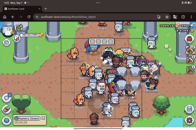 A screenshot of the pixel game Sunflower Land showing many player characters clustered on the Busteru Island farm (00:04:29 timer visible).