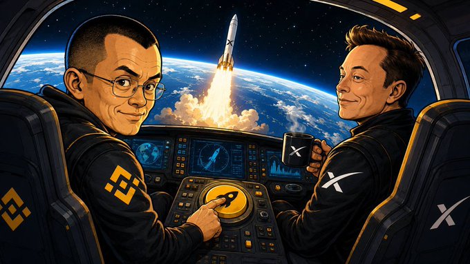 The illustration depicts two men in a spaceship cockpit launching a rocket into space, with one figure wearing a Binance (BNB) logo jacket pointing at a control panel displaying a Bitcoin symbol, while the other figure wears a SpaceX/X-branded jacket and holds a coffee mug—visually fusing Binance and SpaceX branding to promote the $Spacexcoin token.