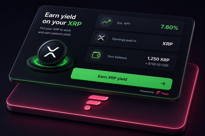 A sleek dark-themed app interface mockup titled "Earn yield on your XRP" displays a 7.60% estimated APY, earnings paid in XRP, and a balance of 1,250 XRP (~$750.00 USD), with a green "Earn XRP yield" button powered by Flare. The design visually represents how Flare Network's decentralized yield infrastructure could be seamlessly integrated behind Uphold's user-friendly interface, making mass adoption of XRP yield-earning possible for everyday users and institutions without technical complexity.