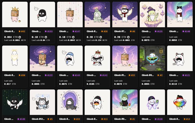 A grid of Gloop NFT collectibles displayed on a marketplace with various ETH prices listed.