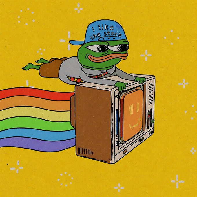 A cartoon Pepe the Frog wearing a blue "I like the stock" cap flies through a yellow starry sky with a rainbow trail, while embracing a vintage TV displaying a smiley face and the text "bankrclub." The joyful imagery and retro meme aesthetic align with the cheerful "Good Morning" post promoting the $BNKR token and the @bankrbot project.