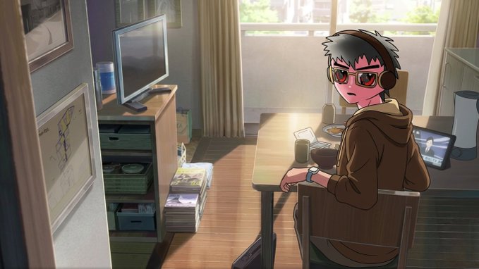 The image features a cartoon boy sitting at a desk with headphones on his head while looking down at something. The scene takes place indoors, possibly in someone's bedroom, as there are multiple books scattered around the room. A TV can be seen mounted on the wall above the boy, and a chair is positioned next to it.