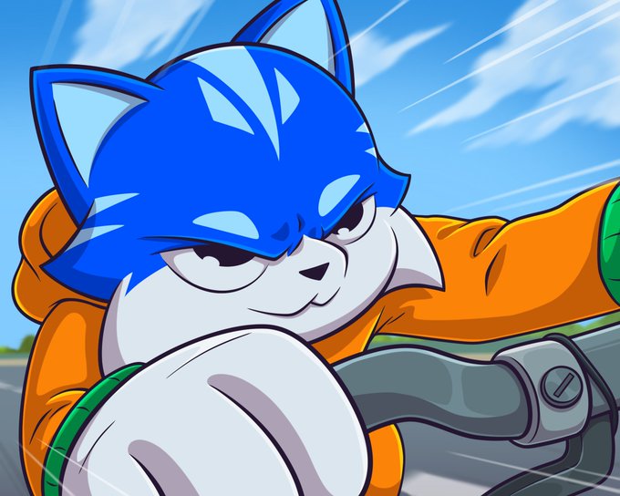 An illustration of Sonic the Hedgehog in an orange and green outfit, gripping handlebars with a confident smirk against a backdrop of a blue sky.